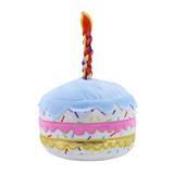 Ancol Pawty Sprinkle Cake – Soft plush dog toy in the shape of a birthday cake, featuring a rope candle and a hidden squeaker for gentle play and cuddles.