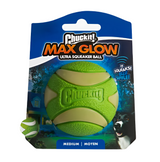 Chuckit! Max Glow Ultra Squeaker Ball – glow-in-the-dark, high-bounce, durable dog fetch toy with built-in squeaker.