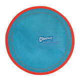 A Chuckit Paraflight dog toy, which is a flying disc, primarily blue with a red edge and black text.