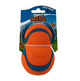 Orange and blue Chuckit! Ultra Tumbler dog toy in packaging on a white background
