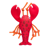 Fabdog Floatie Lobster Dog Toy with a neoprene shell, recycled-material rope legs, squeaky centre, and water-floating design, measuring 10 inches.