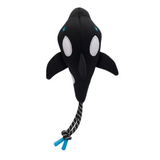 Fabdog Floatie Whale Dog Toy with a neoprene shell, recycled-material rope, squeaky centre, and floating design, perfect for water play, measuring 9 inches.