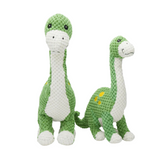 Fabdog Floppy Brontosaurus Plush Dog Toy with floppy limbs, pineapple-textured plush, and six squeakers, available in Small (11”) and Large (13.5”).