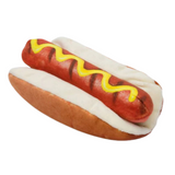 Fabdog Hot Dog Toy with realistic sublimation printing, stuffed bun, and a long squeaker, made from 100% polyester, measuring 7 inches.
