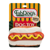 Fabdog Hot Dog Toy with realistic sublimation printing, stuffed bun, and a long squeaker, made from 100% polyester, measuring 7 inches.