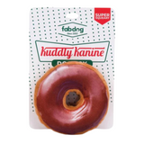 Fabdog Kuddly Kanine Donut Toy with chocolate-glazed doughnut design, two large squeakers, and durable stuff-less polyester shell, measuring 5.5 inches.