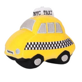 Fabdog NYC Taxi Plush Dog Toy featuring a bright yellow cab design, soft plush exterior, and built-in squeaker, measuring 7 inches.