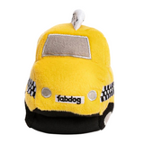 Fabdog NYC Taxi Plush Dog Toy featuring a bright yellow cab design, soft plush exterior, and built-in squeaker, measuring 7 inches.