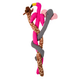 Fabdog Twisty Flamingo Dog Toy, a 5-foot-long vibrant pink flamingo with soft sherpa fabric, squeakers, and crinkle paper for interactive play.