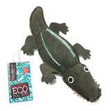 Eco-friendly dog toy shaped like a crocodile, made from soft suede and biodegradable jute fibre, perfect for sustainable pet play.