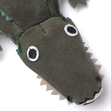 Eco-friendly dog toy shaped like a crocodile, made from soft suede and biodegradable jute fibre, perfect for sustainable pet play.