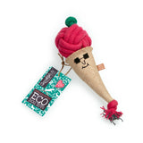 Eco-friendly ice cream cone dog toy featuring a jute cone, plaited jute rope scoop, and suede sunglasses, perfect for sustainable play.