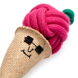Eco-friendly ice cream cone dog toy featuring a jute cone, plaited jute rope scoop, and suede sunglasses, perfect for sustainable play.