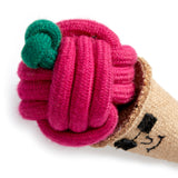 Eco-friendly ice cream cone dog toy featuring a jute cone, plaited jute rope scoop, and suede sunglasses, perfect for sustainable play.