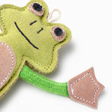 Eco-friendly dog toy shaped like a frog, crafted with natural jute and suede, perfect for safe and sustainable pet play.
