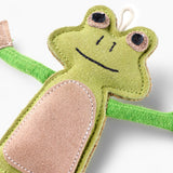 Eco-friendly dog toy shaped like a frog, crafted with natural jute and suede, perfect for safe and sustainable pet play.