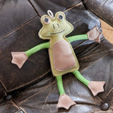 Eco-friendly dog toy shaped like a frog, crafted with natural jute and suede, perfect for safe and sustainable pet play.