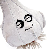 Eco-friendly dog toy shaped like garlic, made from pale grey suede and natural jute fibre, perfect for sustainable and safe pet play.