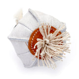 Eco-friendly dog toy shaped like garlic, made from pale grey suede and natural jute fibre, perfect for sustainable and safe pet play.
