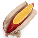 Eco-friendly dog toy shaped like a hot dog, made from suede and natural jute fibre with jute rope legs, perfect for safe and sustainable playtime.