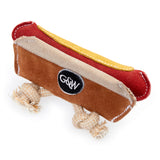 Eco-friendly dog toy shaped like a hot dog, made from suede and natural jute fibre with jute rope legs, perfect for safe and sustainable playtime.