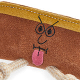 Eco-friendly dog toy shaped like a hot dog, made from suede and natural jute fibre with jute rope legs, perfect for safe and sustainable playtime.