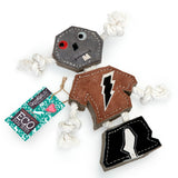 Eco-friendly robot-shaped dog toy made from natural jute and suede with jute rope arms and legs, perfect for safe and sustainable dog playtime.