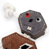 Eco-friendly robot-shaped dog toy made from natural jute and suede with jute rope arms and legs, perfect for safe and sustainable dog playtime.