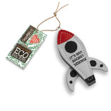 Rocket-shaped eco-friendly dog toy made from natural jute and suede. Perfect for chewing, tugging, and sustainable dog playtime.