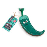 Eco-friendly jalapeno-shaped dog toy made from natural jute, soft suede, and plaited jute rope. Perfect for chewing and tugging.