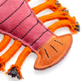 Eco-friendly lobster-shaped dog toy made from natural suede, jute fibre stuffing, and plaited jute rope legs. Perfect for chewing and tugging.
