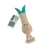 Eco-friendly dog toy shaped like a leek, made from sustainable jute and soft suede. Durable and safe for dogs to chew and play.