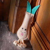 Eco-friendly dog toy shaped like a leek, made from sustainable jute and soft suede. Durable and safe for dogs to chew and play.
