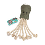 Eco-friendly Olive the Octopus dog toy, made with sustainable jute, soft suede, and a crinkler bottle for added fun.