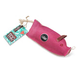 Eco-friendly Peggy the Pig dog toy, made from sustainable jute, suede, and a recycled crinkle bottle for safe, fun playtime.