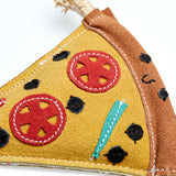 Eco-friendly Pepe Le Pizza dog toy made from sustainable jute and soft suede, perfect for chewing and play.