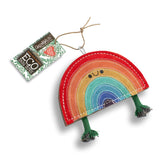 Eco-friendly Rainbow Warrior dog toy made from natural jute and soft suede, featuring rope legs for tugging and fetching fun.
