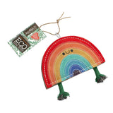 Eco-friendly Rainbow Warrior dog toy made from natural jute and soft suede, featuring rope legs for tugging and fetching fun.