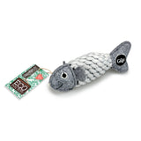 Eco-friendly Roger the Ropefish dog toy with a felt head, jute rope body, and crinkly recycled bottle inside for interactive fun.