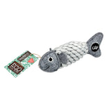 Eco-friendly Roger the Ropefish dog toy with a felt head, jute rope body, and crinkly recycled bottle inside for interactive fun.