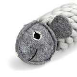 Eco-friendly Roger the Ropefish dog toy with a felt head, jute rope body, and crinkly recycled bottle inside for interactive fun.