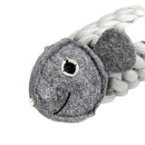 Eco-friendly Roger the Ropefish dog toy with a felt head, jute rope body, and crinkly recycled bottle inside for interactive fun.