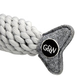 Eco-friendly Roger the Ropefish dog toy with a felt head, jute rope body, and crinkly recycled bottle inside for interactive fun.