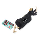 Eco-friendly Ronnie the Rhino dog toy made from jute, recycled cotton, and suede, with a crinkly bottle inside for interactive play.