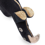 Eco-friendly Ronnie the Rhino dog toy made from jute, recycled cotton, and suede, with a crinkly bottle inside for interactive play.