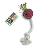Ruby the Radish eco-friendly dog toy made from suede, natural jute fibre, and durable jute rope for interactive play.