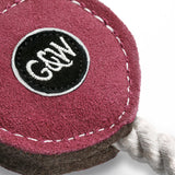 Ruby the Radish eco-friendly dog toy made from suede, natural jute fibre, and durable jute rope for interactive play.