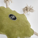 Splodge eco-friendly dog toy made from soft suede and natural jute fibre, with sturdy jute rope legs for interactive play.