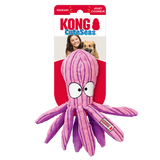 A pink and purple plush dog toy designed to resemble an octopus, packaged in a KONG brand product card.