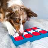Nina Ottosson Dog Brick Puzzle – Level 2 interactive dog toy with treat-hiding flip lids, sliding panels, and removable bone covers.